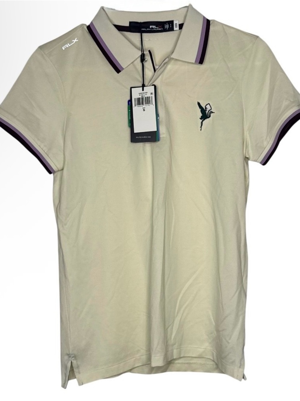 Ralph Lauren RLX Cream Polo Purple Trim Collar Crane Bird embroidered small S